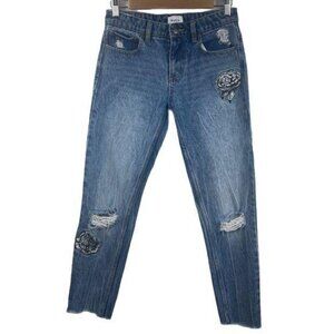 RVCA Kewl Kid Mid Rise Narrow Jeans 25 Light Wash Floral Embroidered Distressed